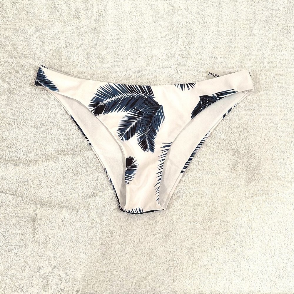 SHEIN Blue/White Palm Leaf Print Bikini Bottom, Size L